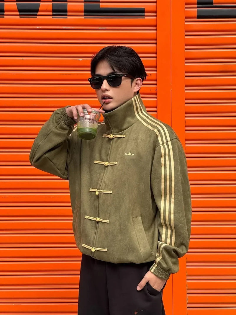 Originals Olive Green Mandarin Collar Frog Button Velvet Three-Stripes Track CNY Jacket