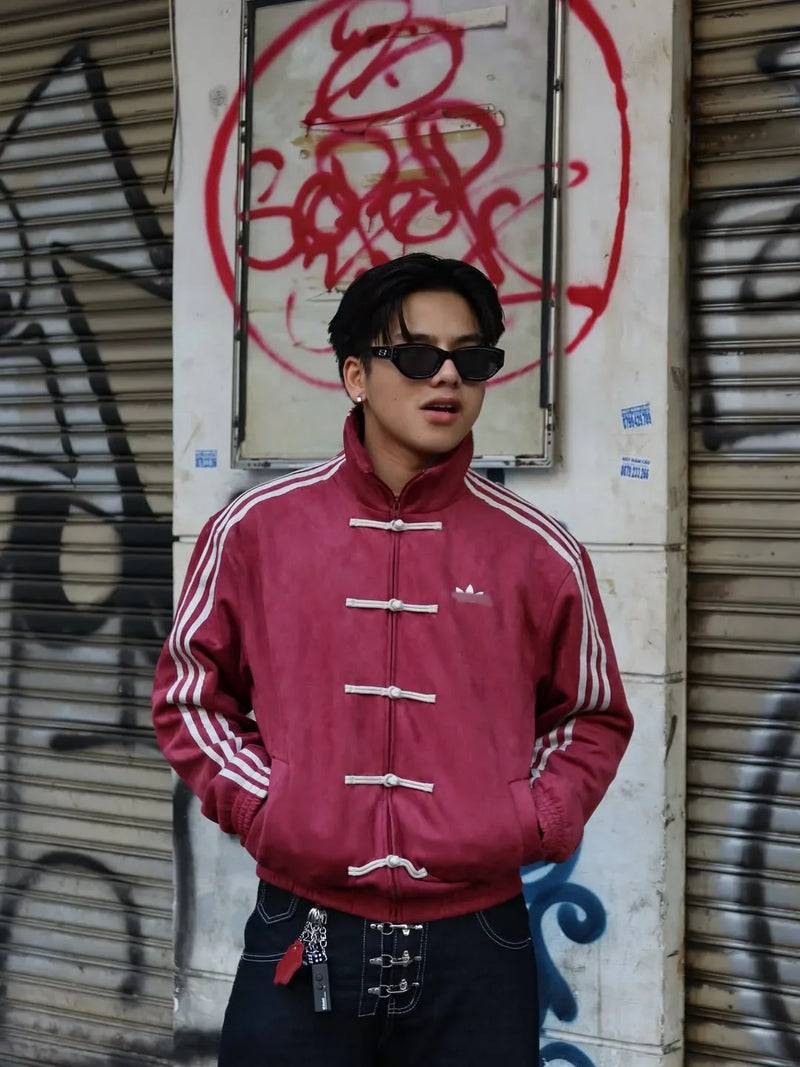 Retro Chinese Knot Track CNY maroon Jacket – Vintage Streetwear Zip-Up in Burgundy Red.